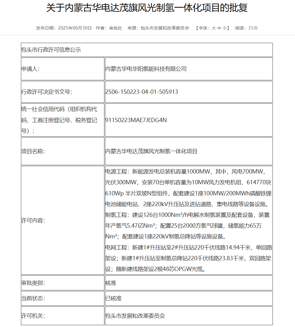 70臺(tái)10MW！華電風(fēng)光制氫一體化項(xiàng)目獲批復(fù)